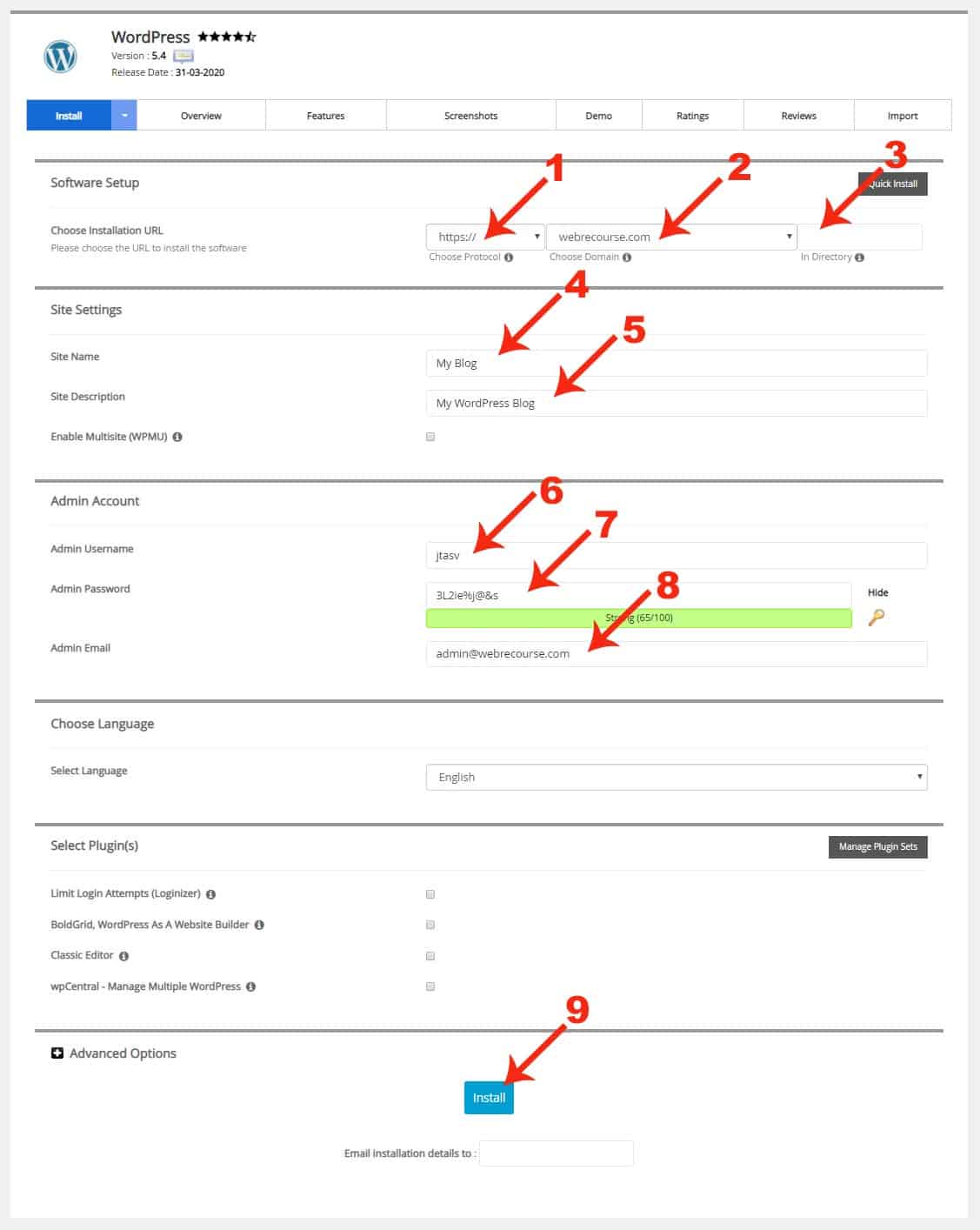 सभी details को भर कर के WordPress इंस्टॉल करें