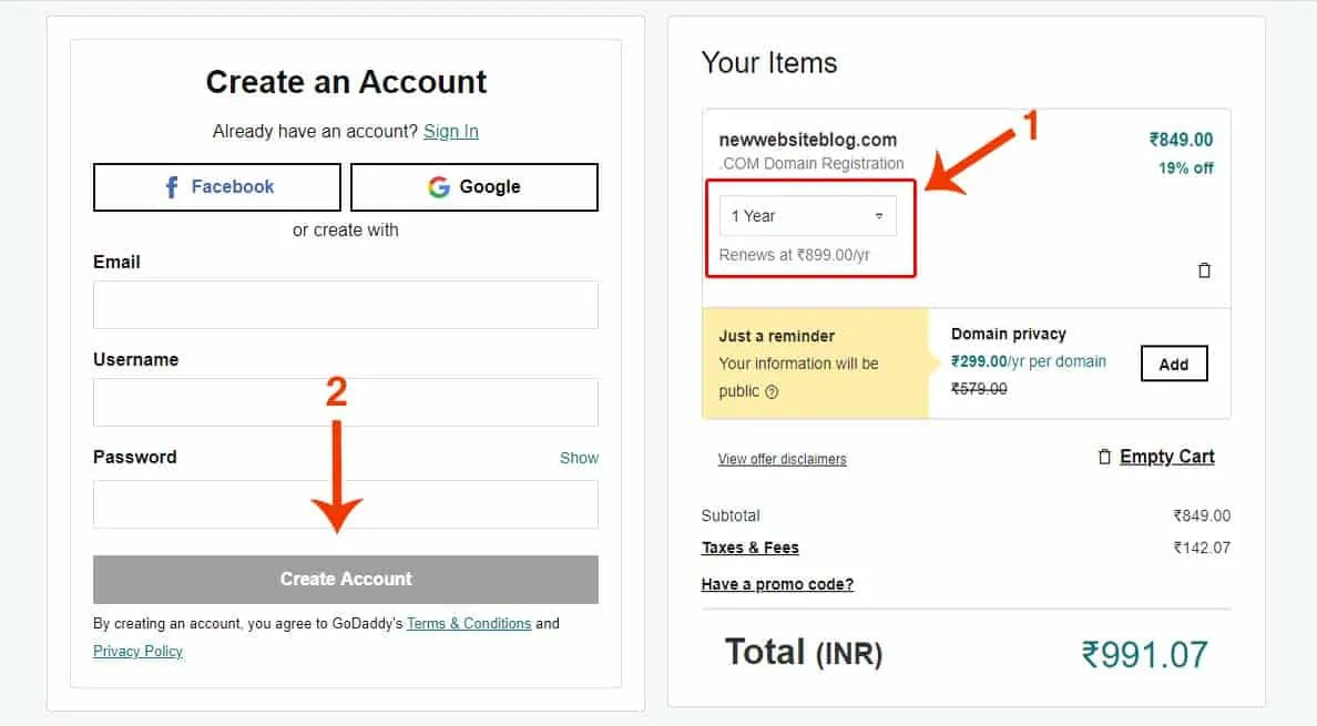 Domain Name खरीदने के लिए GoDaddy पर अकाउंट कैसे बनायें
