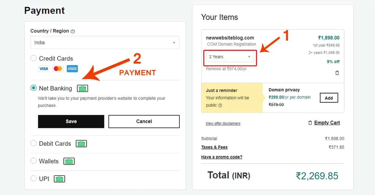 GoDaddy को पेमेंट कर के Domain Name खरीदें